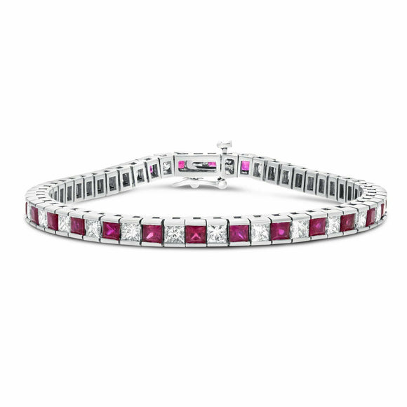 15ct Princess Cut Pink Ruby Square Link Tennis Bracelet 14k White Gold Finish