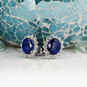 2Ct Oval Cut Blue Sapphire Diamond Halo Floral Stud Earrings 18K White Gold Over