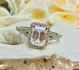 2.7ct Engagement Ring Emerald Cut Diamond Split Shank Halo 14k White Gold Finish