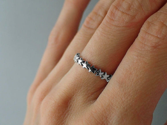 Star Cluster Stackable Wedding Band Ring 14k White Gold Finish