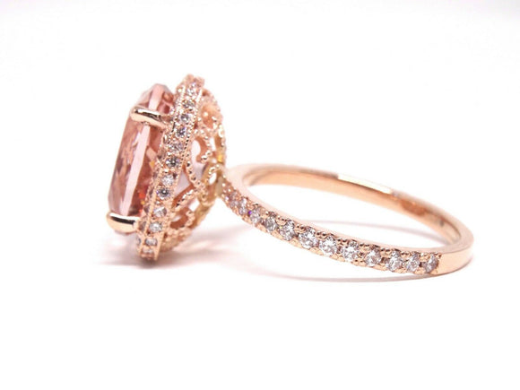 4Ct Oval Cut Peach Morganite Filigree Halo Engagement Ring 14K Rose Gold Finish