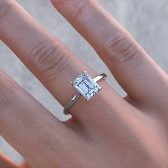 2ct Emerald Cut Diamond Engagement Ring Hidden Halo Solitaire 14k WhiteGold Over