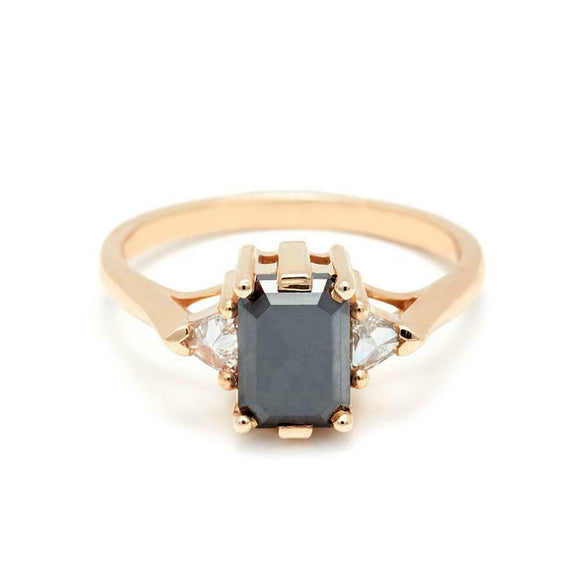 1.2ct Emerald Black Diamond Trillion Accents Trilogy Ring 14k Yellow Gold Finish