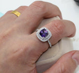 2ct Cushion Cut Purple Amethyst Engagement Ring 14k White Gold Finish Dual Halo