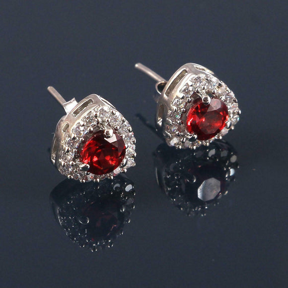 1.9ct Stud Earrings Round Cut Garnet Diamond Halo Design 14k White Gold Finish