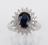 3ct Oval Cut Blue Sapphire Floral Cluster Engagement Ring 14k White Gold Finish