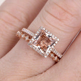 2ct Princess Peach Morganite Halo Bridal Set Engagement Ring 18k RoseGold Finish