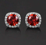 2ct Stud Earrings Round Cut Red Garnet Diamond Halo 14k White Gold Finish