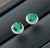 2.1ct Stud Earrings Round Cut Green Emerald Diamond Halo 14k White Gold Finish