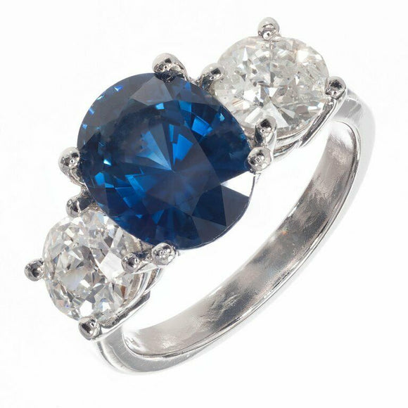 2ct Cushion Cut Blue Sapphire Engagement Ring Round Accent 14k White Gold Finish