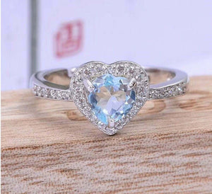 2ct Engagement Ring Heart Cut Blue Aquamarine Diamond Halo 14k White Gold Finish