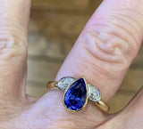 2.6ct Engagement Ring Pear Cut Sapphire Trilogy Tear Drops 14k Yellow Gold Over