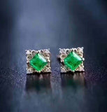 2ct Princess Green Emerald Filigree Rhombus Stud Earrings 14k Yellow Gold Finish