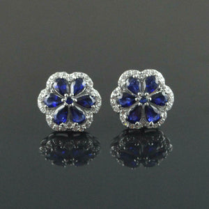 2.1ct Stud Earrings Pear Cut Blue Sapphire Diamond Floral 14k White Gold Finish