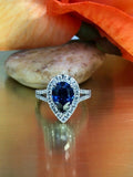 1.5ct Pear Cut Blue Sapphire Accents Halo Engagement Ring 14k White Gold Finish