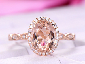 2ct Oval Cut Morganite Engagement Ring Halo Diamond Accent 14k Rose Gold Finish