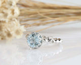 1ct Round Blue Aquamarine Floral Solitaire with Accent Ring 14k WhiteGold Finish