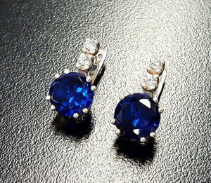 2ct Drop Earrings Round Cut Blue Sapphire Vertical Bar 14k White Gold Finish