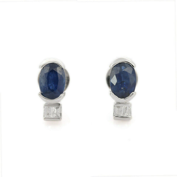 2ct Stud Earrings Oval Cut Blue Sapphire Diamond Petite 14k White Gold Finish