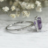 3Ct Emerald Cut Amethyst Diamond Accent Halo Engagement Ring 14K White Gold Over