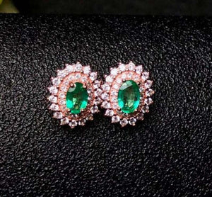 2.5ct Stud Earrings Oval Cut Green Emerald Dual Halo Floral 14k Rose Gold Finish