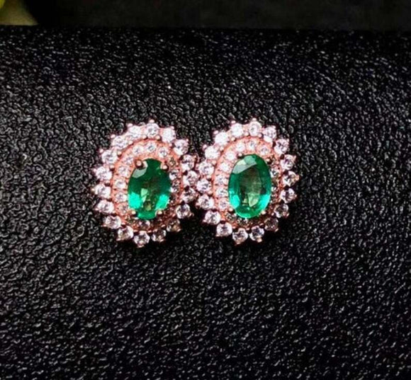 2.5ct Stud Earrings Oval Cut Green Emerald Dual Halo Floral 14k Rose Gold Finish