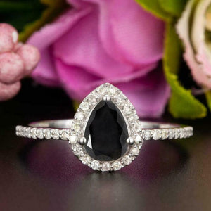 1.2ct Pear Cut Black Diamond Engagement Ring 14k WhiteGold Finish Halo Stackable