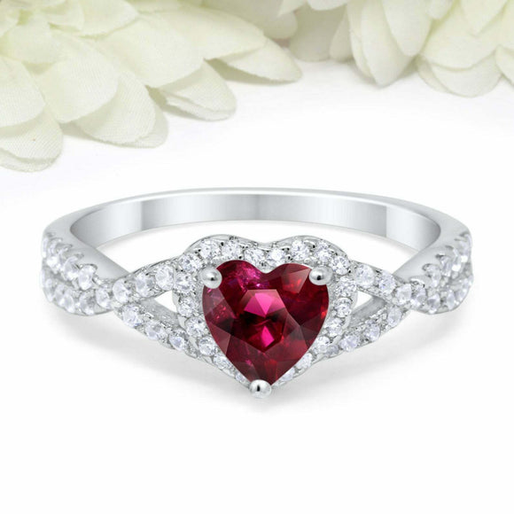 2ct Heart Cut Pink Ruby Engagement Ring Split Shank Halo 14k White Gold Finish