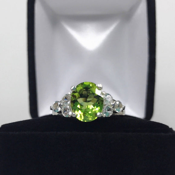 1.3ct Oval Cut Green Peridot Diamond Women Engagement Ring 14k White Gold Finish