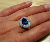 2.2ct Engagement Ring Heart Cut Blue Sapphire Diamond Halo 14k White Gold Finish