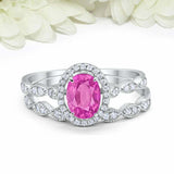 2.5ct Oval Cut Pink Sapphire Engagement Ring Bridal Set Halo 14k White Gold Over