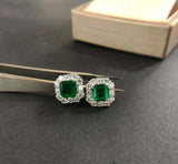 1.65ct Stud Earrings Asscher Cut Green Emerald Diamond Halo 14k WhiteGold Finish