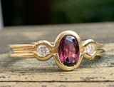 2ct Engagement Ring Oval Cut Pink Ruby Bezel Set Trilogy 14k Yellow Gold Finish