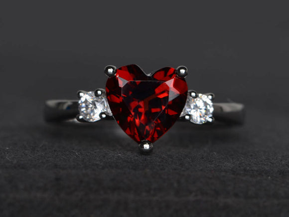 1ct Heart Cut Red Garnet Engagement Ring 14k White Gold Over Heart Shape Trilogy