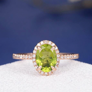 2ct Oval Cut Green Peridot Engagement Ring Halo Diamond Accent 14k RoseGold Over