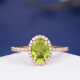 2ct Oval Cut Green Peridot Engagement Ring Halo Diamond Accent 14k RoseGold Over