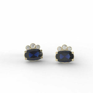 1ct Stud Earrings Oval Cut Blue Sapphire Diamond Petite 14k Yellow Gold Finish