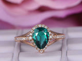 1.3ct Pear Cut Green Emerald Diamond Halo Split Shank Ring 14k Rose Gold Finish