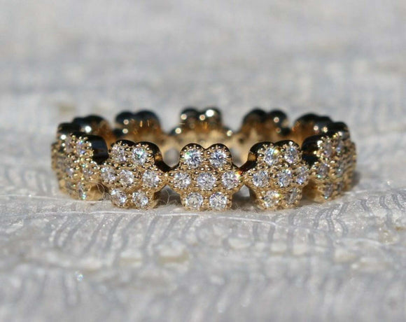 Floral Full Eternity Wedding Band 2.2ct Round Cut Diamond 14k Yellow Gold Finish