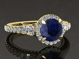 3ct Round Blue Sapphire Milgrain Accent Diamond Halo Ring 14k Yellow Gold Finish