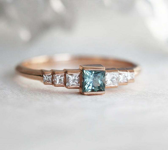 2ct Princess Cut Blue Aquamarine Solitaire with Accents Ring 14k Rose Gold Over