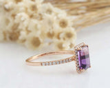 1.6ct Emerald Cut Purple Amethyst Engagement Ring Diamond Halo 14k RoseGold Over