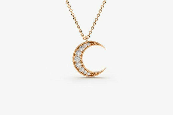 0.7ct Diamond Pendant with Chain Round Cut Crescent Moon 14k Rose Gold Finish