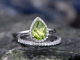 2Ct Pear Cut Green Peridot Bridal Set Halo Engagement Ring 14K White Gold Finish