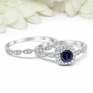 3.5Ct Round Cut Blue Sapphire Bridal Set Vintage Band Rings 14K White Gold Over