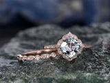 3Ct Cushion Cut Blue Aquamarine Bridal Set Vintage Band Ring 14K Rose Gold Over