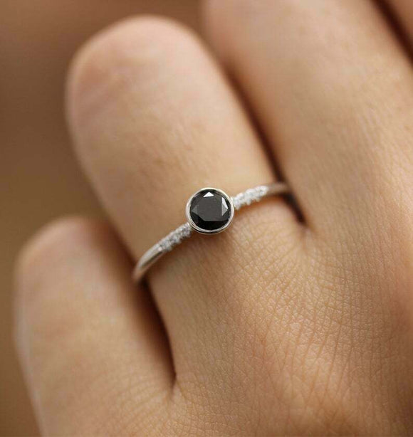 0.5ct Round Cut Black Diamond Engagement Ring Minimalist 14k White Gold Finish