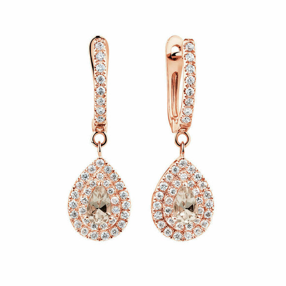 2ct Pear Cut Peach Morganite Halo Tear Fancy Drop Earrings 14k Rose Gold Finish