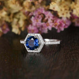 2ct Round Blue Sapphire Hexagon Diamond Halo Engagement Ring 14k White Gold Over