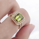 2ct Emerald Cut Green Peridot Double Halo Engagement Ring 14k Rose Gold Finish